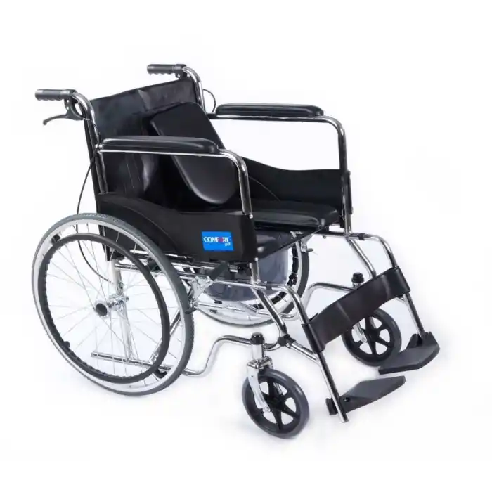 Comfort Plus Tuvaletli Tekerlekli Sandalye | Nikelaj Kaplama Çelik Gövde, Refakatçi Frenli, Çıkabilir Tuvalet Aparatı DM-680