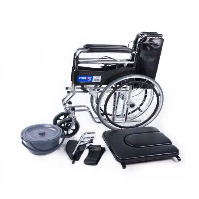 Comfort Plus Tuvaletli Tekerlekli Sandalye | Nikelaj Kaplama Çelik Gövde, Refakatçi Frenli, Çıkabilir Tuvalet Aparatı DM-680