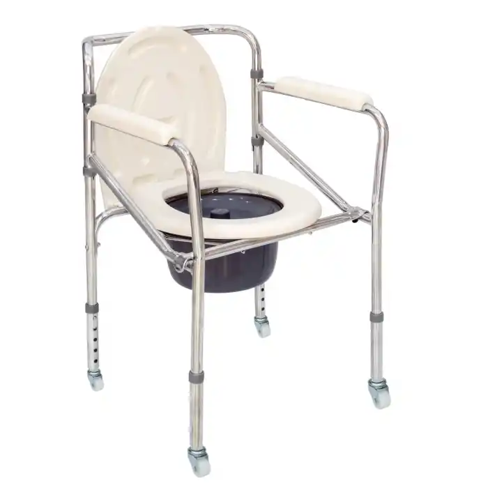 Comfort Plus Tuvaletli Sandalye | Katlanabilir Nikelaj Gövde, Antimikrobiyel Kapak, Sabitlemeli Tekerlekli DM-697