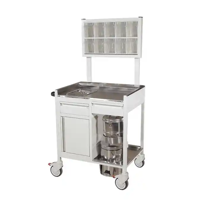 Trommelli ve Leğenli Pansuman Arabası | Paslanmaz Çelik Gövde, Antistatik Tekerlekli, İlaç Gözlü E-254/E