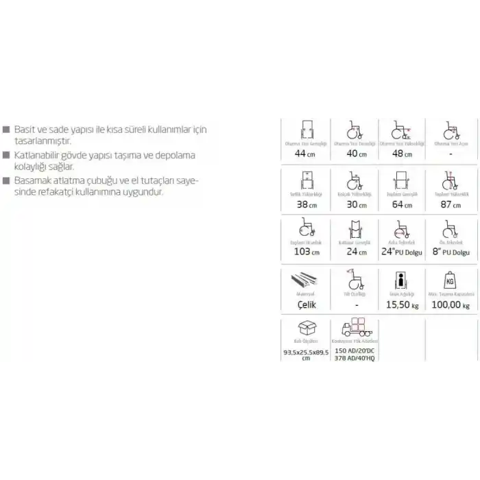 Golfi Standart Tekerlekli Sandalye | Ekose Kumaş Döşeme, Katlanabilir Yapı, Çelik Gövde G100Y