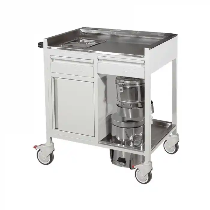 2 Çekmeceli Dolaplı Pansuman Arabası | Paslanmaz Çelik Tezgahlı Trommelli Medikal Servis Ünitesi E-254