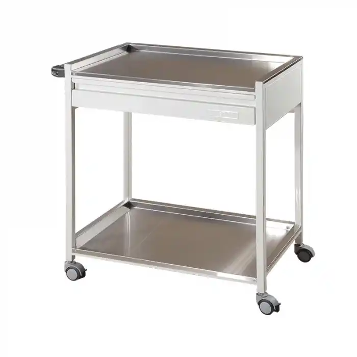 Paslanmaz Çelik Raflı Cihaz ve Pansuman Arabası | Paslanmaz Üst ve Alt Tezgahlı, Çekmeceli, Antibakteriyel Gövdeli, İtme Kollu E-237/B