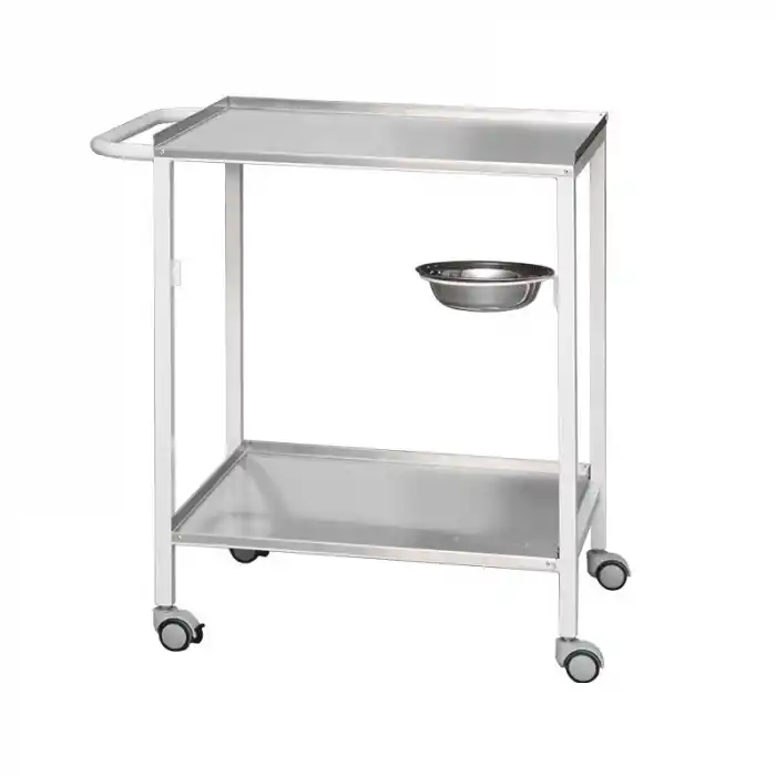 Paslanmaz Çelik Tek Taslı Pansuman Arabası | Paslanmaz Üst ve Alt Tezgahlı, Antibakteriyel Metal Gövde, Antistatik Tekerlekli, İtme Kollu E-252