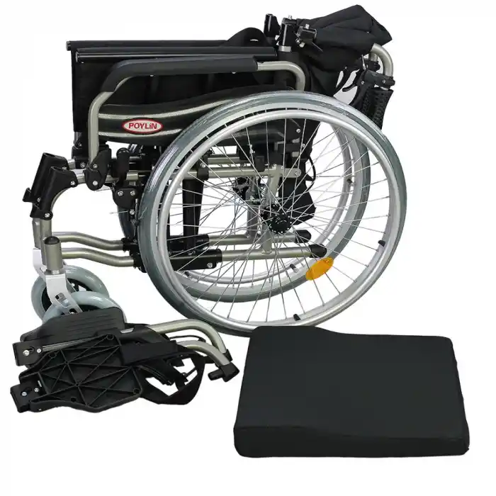 Poylin Alüminyum Hafif Tekerlekli Sandalye | Katlanabilir Çift Makaslı Şase, Çıkarılabilir Teker ve Ayaklık, Anti-Tipper Destekli P957