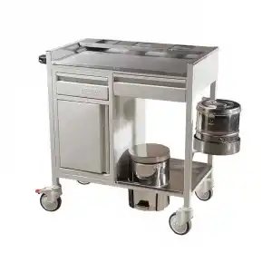 2 Çekmeceli Dolaplı ve Tromelli Pansuman Arabası | Paslanmaz Üst Tezgahlı, Çöp Kovası, Antibakteriyel Gövdeli E-254/B