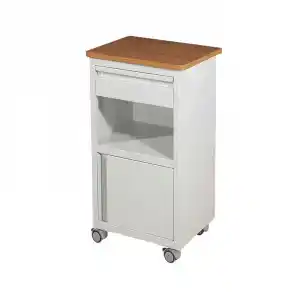 Ara Bölmeli Hasta Başı Komodini | Ahşap Üst Tablalı, Çekmeceli ve Dolaplı, Antistatik Tekerlekli E-271