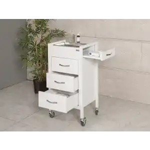 Regal Cihaz Taşıma Ve Setup Sehpası Beyaz | 4 Çekmeceli Paslanmaz Küvetli Metal Gövde Kasa 4081