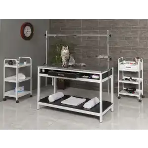 Veteriner Ameliyat ve Operasyon Masası | Sabit Ayaklı Paslanmaz Üst Tablalı Ahşap Çekmeceli 6105