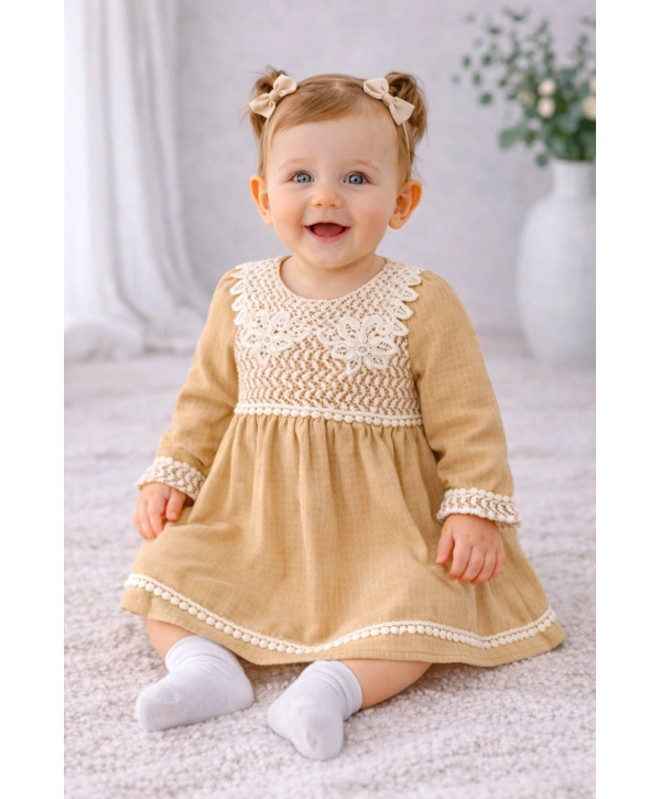 Zenessa Dantel Detaylı Keten Kız Elbise