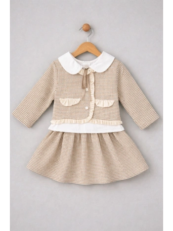 Zenessa Kazayağı Desenli Etek Ceket 3’lü Kız Takım