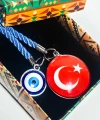 Türk Bayraklı Cam Boncuklu ve Nazar Boncuklu Anahtarlık