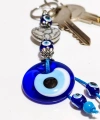 Gümüş Renkli Metal kalp ve Mavi Cam Nazar Boncuklu Anahtarlık