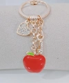 Zirkon Taşlı Kalp ve Anahtar Detaylı Kırmızı Elma Figürlü Rose Gold Anahtarlık