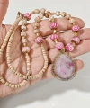 Kadın Gold Renk Pembe Akik Etnik Taşlı Bohem Kolye - El Yapımı Tasarım Şık Takı