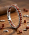 Moncuk Design Kırmızı Jasper Doğal Taşlı Hasır Örgü Zincirli Erkek Çelik Bileklik 33512B28D10
