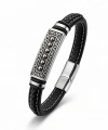 Moncuk Design Greek Key Desenli Çelik Kilitli Siyah Deri Erkek Bileklik 33511B8D2