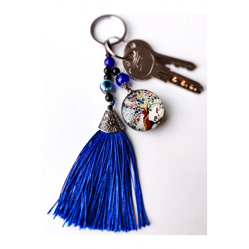 Renkli Cam Hayat Ağacı Mavi Püsküllü Anahtarlık