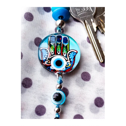 Fatımanın Eli Cam Boncuklu Püsküllü Mavi Anhtarlık