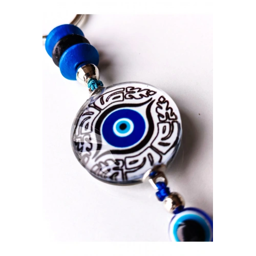 Gri Mavi Cam Boncuklu Püsküllü Mavi Anahtarlık