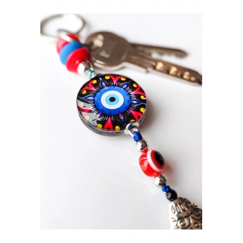 Kırmızı Siyah Cam Boncuklu Mavi Püsküllü Anahtarlık