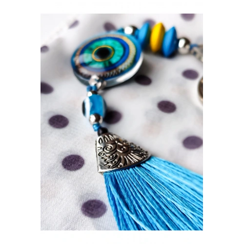 Mavi Cam Boncuklu Mavi Püsküllü Anahtarlık