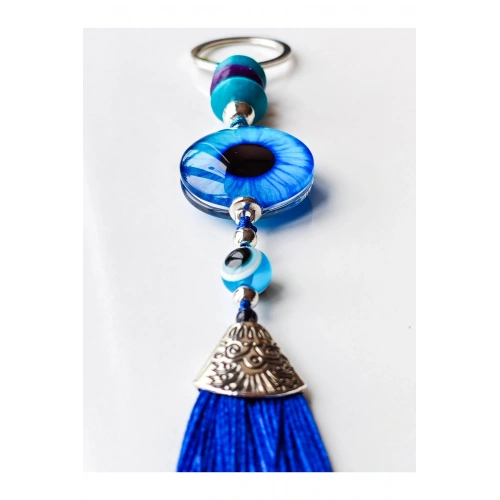 Mavi Cam Boncuklu Lacivert Püsküllü Anahtarlık