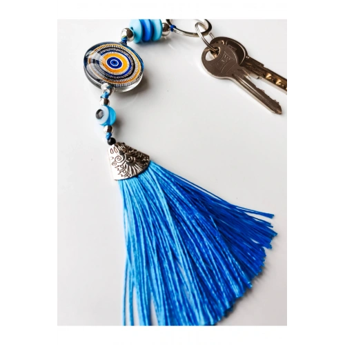 Desenli Cam Boncuklu mavi Püsküllü Anahtarlık
