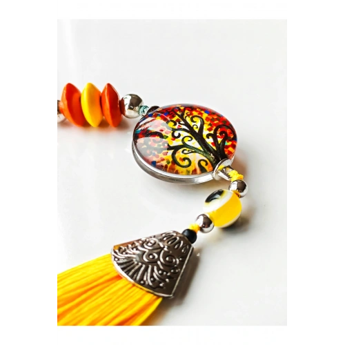 Sarı Cam Hayat Ağacı Desenli Sarı Püsküllü Anahtarlık