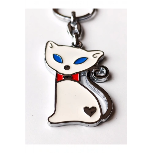 Mavi Gözlü Kırmızı Papyonlu Beyaz Kedi Metal Anahtarlık
