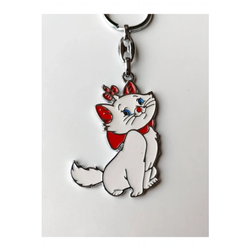 Kırmızı Kurdelalı ve Papyonlu Beyaz Renkli Şirin Kedi Metal Anahtarlık
