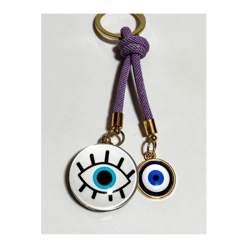 Göz Desenli Beyaz Cam Boncuk ve Küçük Sarı Metal Nazar Boncuklu Anahtarlık