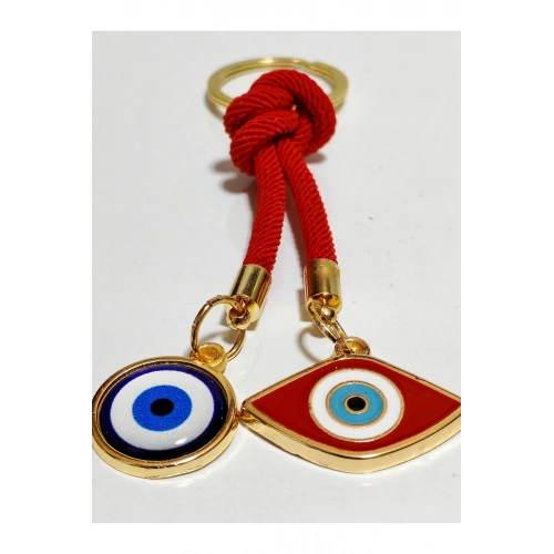 Kırmızı ve Mavi Nazar Boncuklu Sarı Metalli Kırmızı İpli Anahtarlık