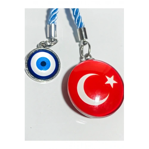 Türk Bayraklı Cam Boncuklu ve Nazar Boncuklu Anahtarlık