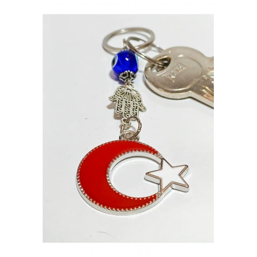 Metal Ay Yıldızlı Türk Bayraklı ve Metal Fatımanın Eli-Hamsalı Anahtarlık