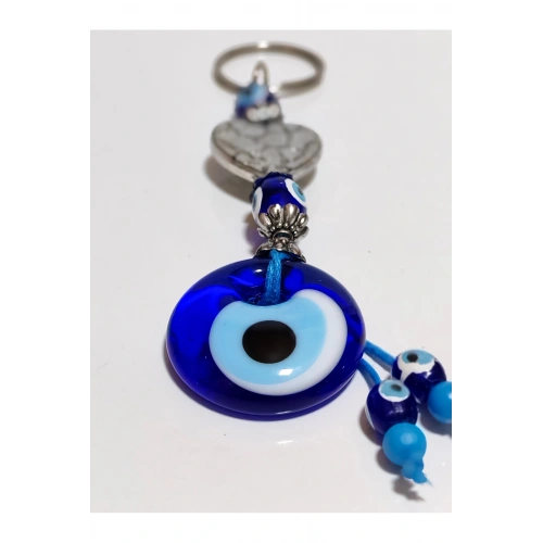 Gümüş Renkli Metal kalp ve Mavi Cam Nazar Boncuklu Anahtarlık