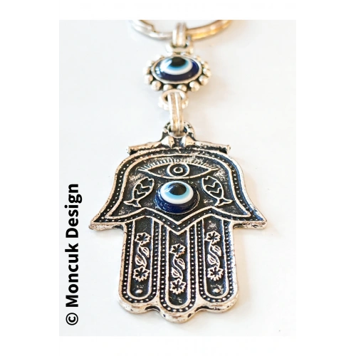 Fatımanın Eli Şeklinde Üzeri Nazar Boncuğu Camlarıyla Bezeli Metal Anahtarlık