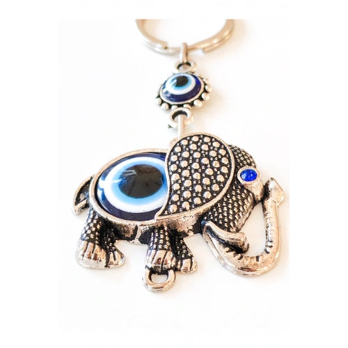Fil Şekilli Üzeri Cam Göz Süslemeli İnce İşlemeli Metal Anahtarlık