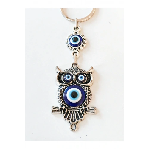 Baykuş Şekilli Üzeri Cam Göz Süslemeli İnce İşlemeli Metal Anahtarlık