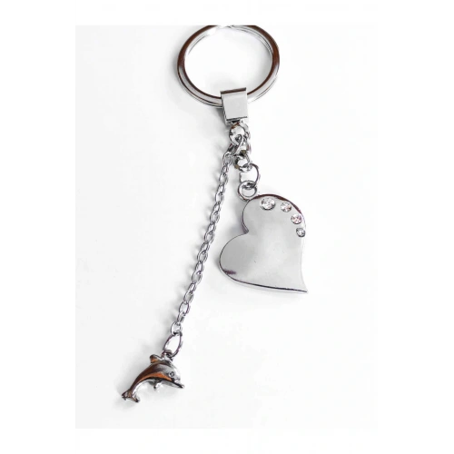 Üzeri Taşlı Kalp ve Zincir Ucunda Yunuslu Metal Anahtarlık
