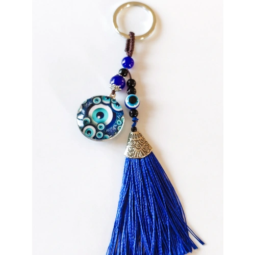 Mavi Püsküllü Desenli Cam Anahtarlık