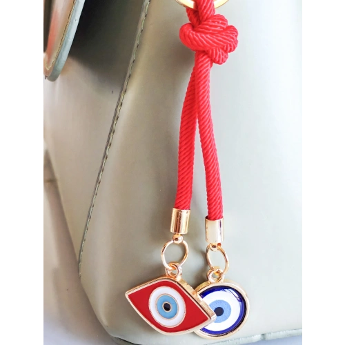 İpli Kırmızı Mavi Nazar Boncuklu Metal ve Cam Çanta Süsü