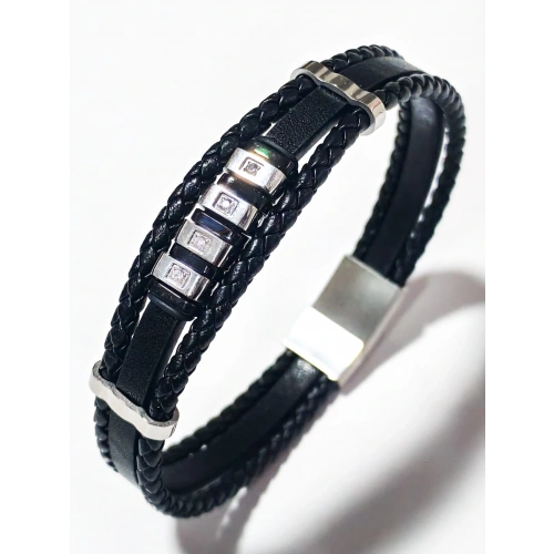 Siyah Deri ve Çelik Erkek Bileklik