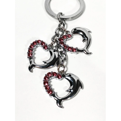 Pembe Taşlı Kalp Şeklinde Yunus Balıklarından Metal Anahtarlık