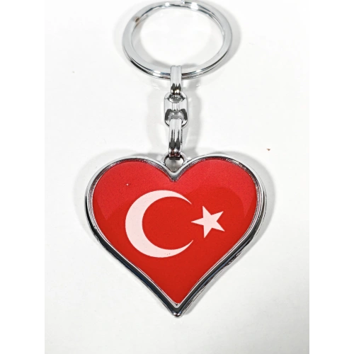 Kalp Şeklinde Kırmızı Türk Bayraklı Metal Anahtarlık