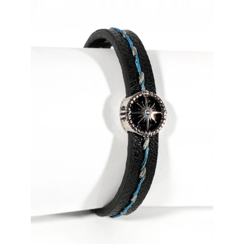 Pusula Figürlü Erkek Siyah Deri Bileklik - 20 Cm