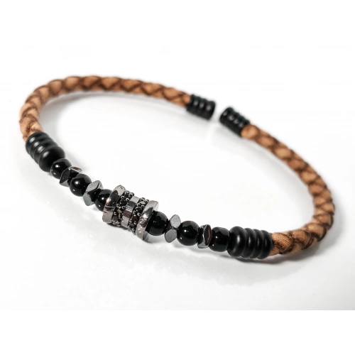 Kahverengi Örgü Deri ve Zirkon, Hematit, Oniks Taşlı Yaylı Erkek Bileklik – Doğal Şıklık ve Modern Detaylar
