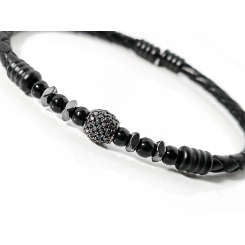 Siyah Örgü Deri ve Zirkon, Hematit, Oniks Taşlı Yaylı Erkek Bileklik – Doğal Şıklık ve Modern Detaylar