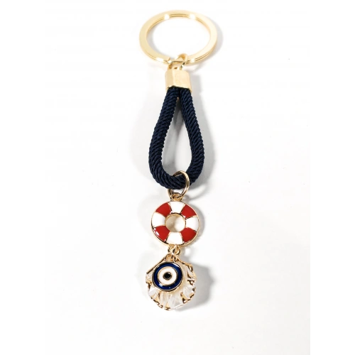Lacivert Örgü İpli Can Simidi ve Nazar Figürlü Metal Anahtarlık – Deniz Temalı Şık ve Anlamlı Tasarım