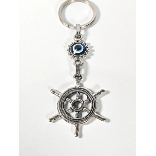Nazar Boncuklu Dümen (Gemi Çarkı) Figürlü Anahtarlık – Yön, Koruma ve Yolculuk Enerjisi